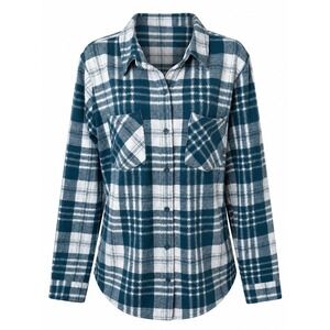 Wrangler ATG Flannel Shirt Womens Medium Teal Plaid Stretch Outdoor Button Up